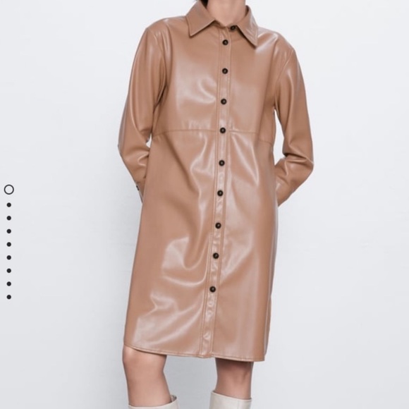 LIKE NEW ZARA Beige Brown Tan Faux Leather Shirt Dress Coat Buttoned Jacket - Picture 3 of 8